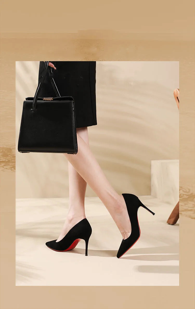 2022 Autumn New Women's High Heels Shoes Sexy Pointed Suede Red Shiny Bottom Pumps Fashionable Temperament Shallow Wedding Shoes