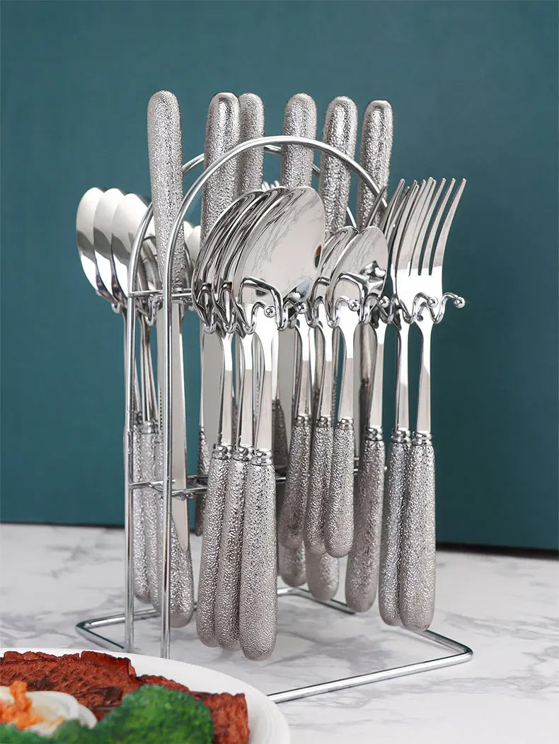 24 Pcs Stainless Steel Cutlery Hammer Pattern Ceramic Handle Knife Fork Spoon Set cutlery set travel cutlery set flatware set