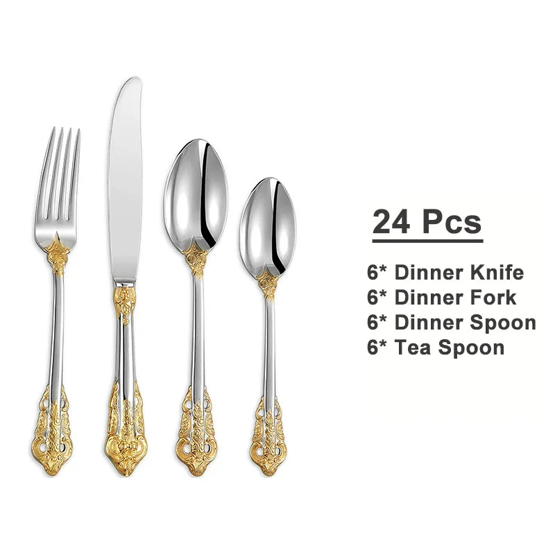 24/30pcs Vintage Cutlery Set Luxury Stainless Steel Flatware Set Forks Knive Spoons Tableware Set Kitchen Utensils