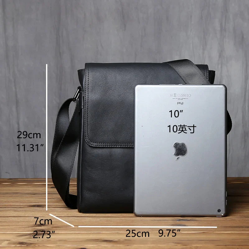 New NZPJ-Leather Shoulder Bag for Men, Natural Cowhide, Vertical Crossbody Bag, Casual, Large Capacity, Flip, Zipper, 10 ", iPad