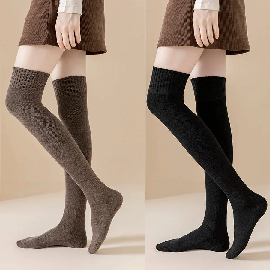 2 Pairs/Lot Winter Warm Thick Stockings Socks Women Over Knee High Hold Up Cotton Sexy Slim Ladies Girls Halloween Gift 6 Colors