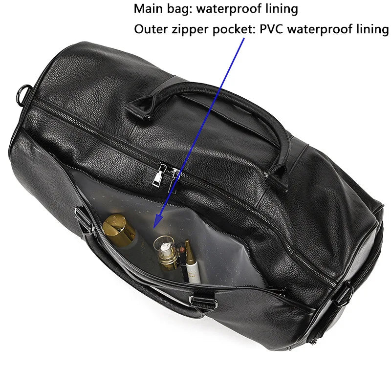 Big Capacity Genuine Leather Travel Bag For Men Women Soft Black Cowhide Casual Travel Duffel Large Luggage Weekend Shoulder Bag