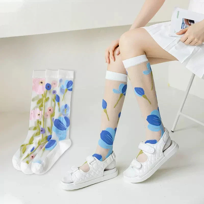 Stockings Women Summer Ultra-thin Transparent Nylon Long Socks Floral Print Sexy Lace Mesh Fishnet Stockings Kawaii Knee Socks