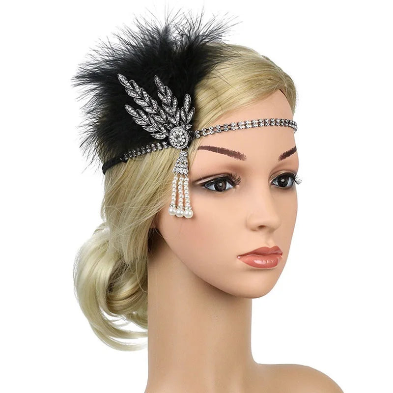 Hair Accessories For Women Girls Black Headband Rhinestone Sequin Vintage Party Headpiece Beaded Flapper Hair Feather Headband