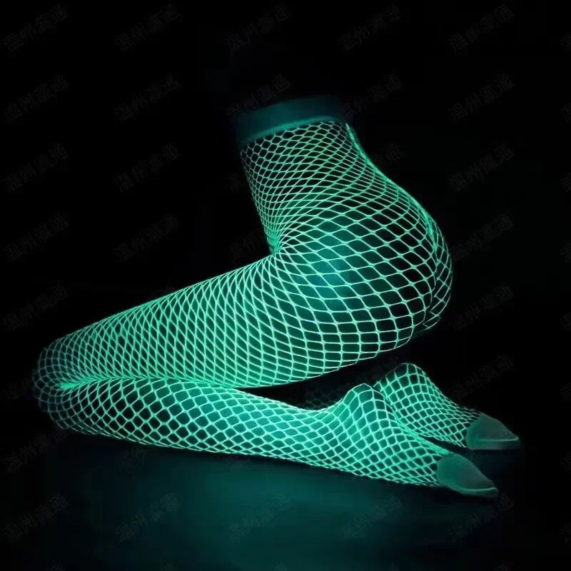 New Night Fluorescent Women's Long Socks Fishnet Body Stockings Curve Lingerie Mesh Fabric High Waist Sex Tights Sexy Bodysuits