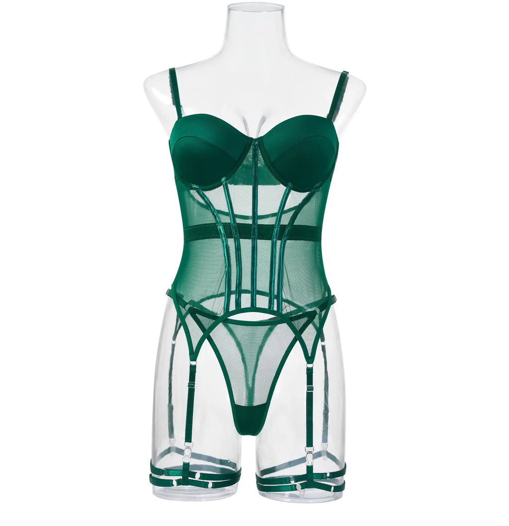 MUZISKAT Mesh  Lingerie Luxury Brand Bodysuit Backless Tops for Women 3 Piece Lingerie Set with Garter Sexydresses for Women