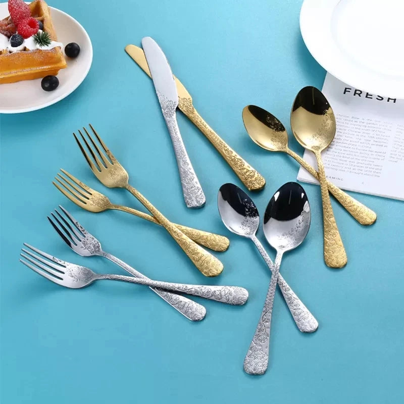 High Quality Cutlery Set Handle Exquisite carving Stainless Steel Golden Tableware Knife Fork Spoon Flatware Set Silverware Set