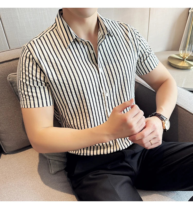 Men Striped Shirt 2026 Summer Light and Thin Breathable Sweat Absorbing Short Sleeved Slim Fit Casual Pleated Shirt Men Clothing