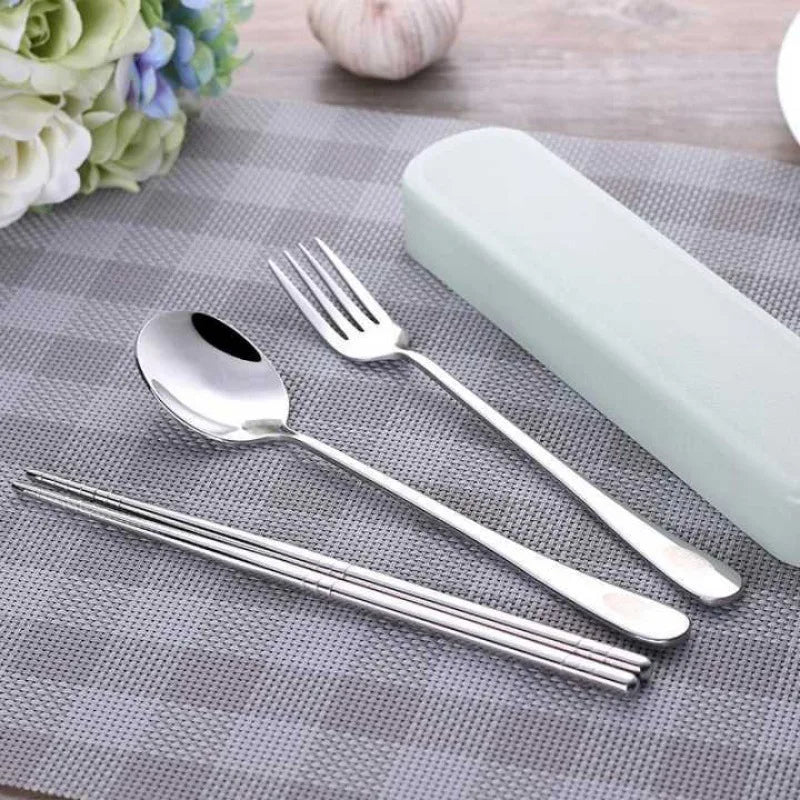 4Pcs/Set Stainless Steel Chopsticks Spoon Fork Steak Knife with Storage Case Travel Camping Cutlery Set Portable Tableware