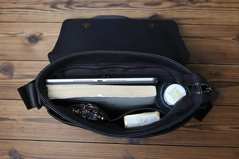 New NZPJ-Leather Shoulder Bag for Men, Natural Cowhide, Vertical Crossbody Bag, Casual, Large Capacity, Flip, Zipper, 10 ", iPad