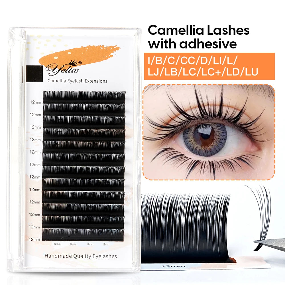 Yelix Camellia Lashes with Adhesive LC LB LJ C D Curl Eyelashes Natural Soft Eyelash Extensions Russian Volume Individual Lashes
