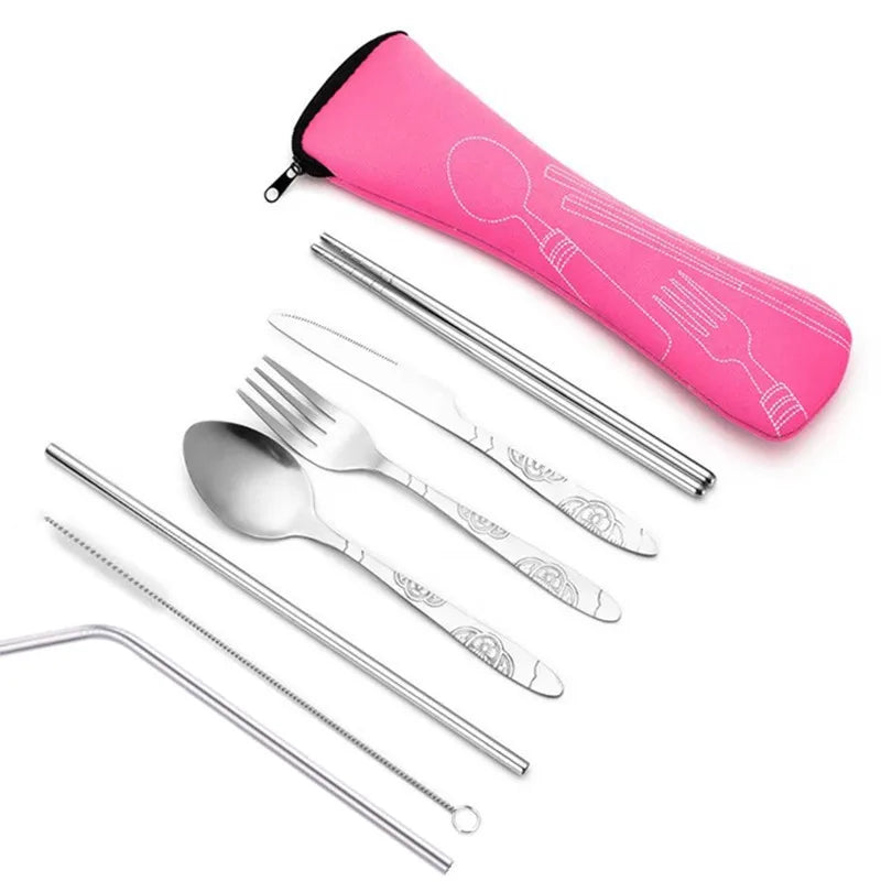 3Pcs/4Pcs/7Pcs Set Dinnerware Portable Printed Knifes Fork Spoon Stainless Steel Family Camping Steak Cutlery Tableware with Bag
