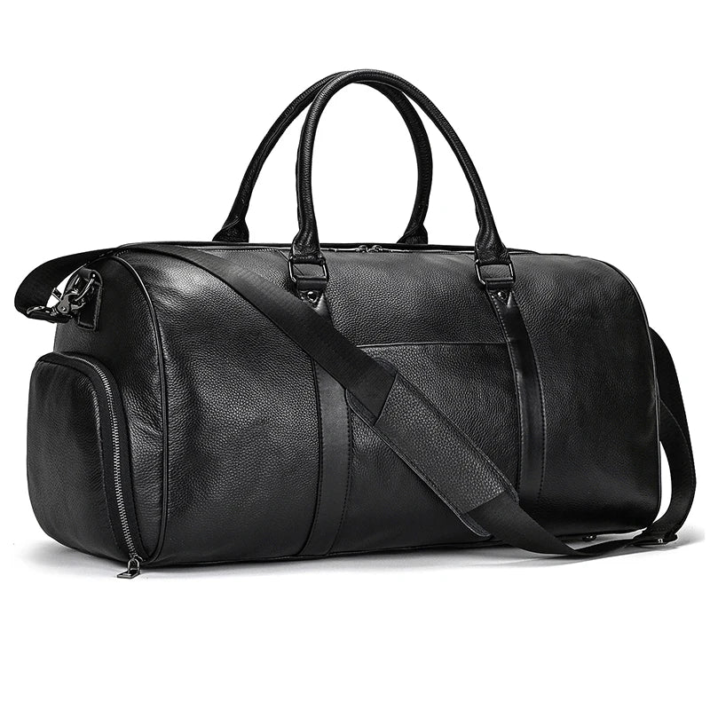 Big Capacity Genuine Leather Travel Bag For Men Women Soft Black Cowhide Casual Travel Duffel Large Luggage Weekend Shoulder Bag