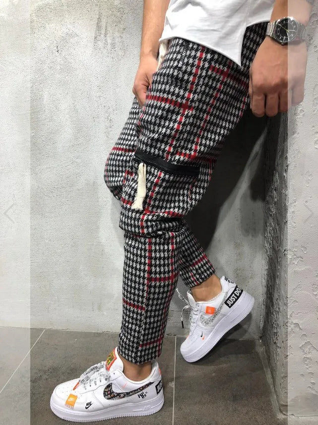 Men Slim Fit Stripe Plaid Long Pant 2021 Autumn New Casual Sport Trousers Men's Small Feet Joggers Pants Male Stacked Sweatpants