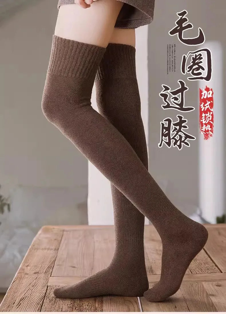 Winter Warm Long Socks Tube Thick High Tube Over Knee Knee-Length Hosiery Socks Terry Solid Color Women Thicken Calf Socking
