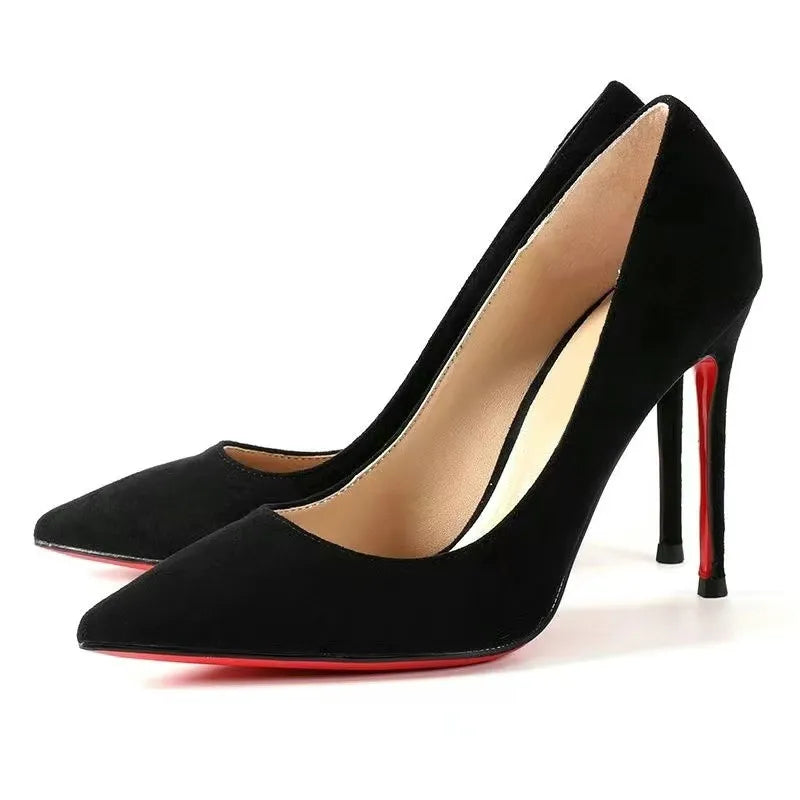 2022 Autumn New Women's High Heels Shoes Sexy Pointed Suede Red Shiny Bottom Pumps Fashionable Temperament Shallow Wedding Shoes