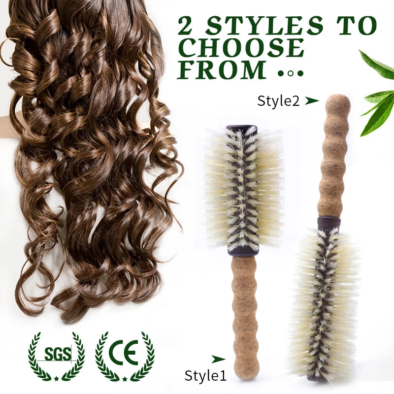 Personalized Boar Bristles Hair Brush Cork handle Round Barrel Hair Comb For Curling  Anti Static Roller HairBrush Wood Combs