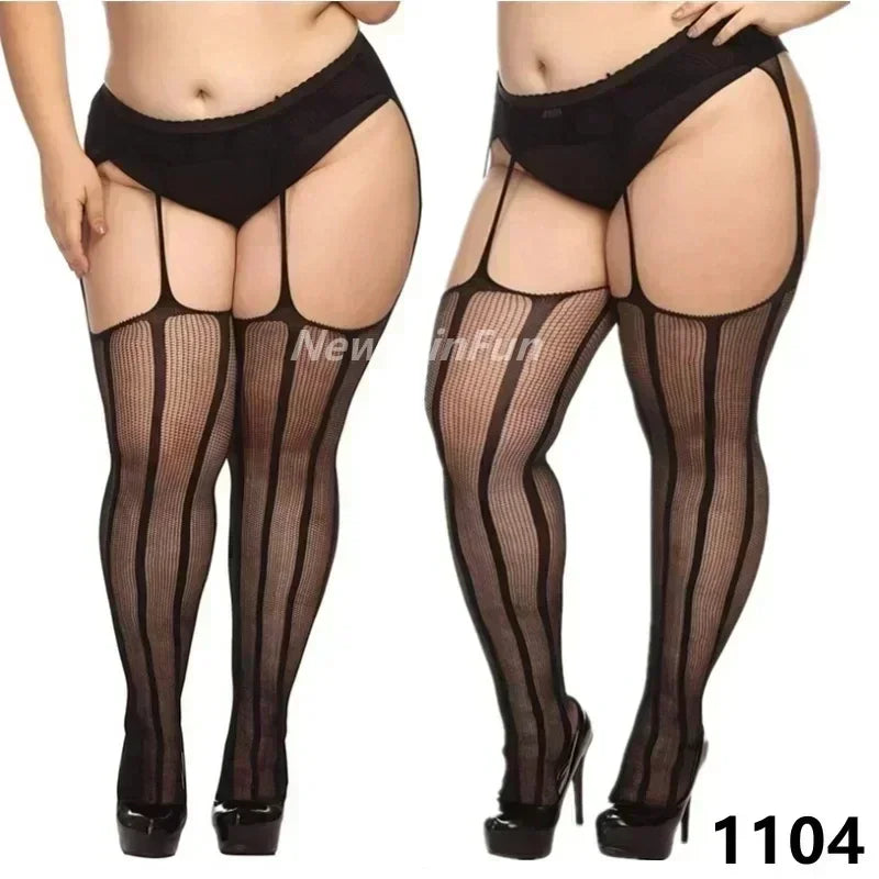 FREEAUCE Women Large Plus Size Stockings with Anti-slip Oversized Lace XXXL Thigh High Sheer Fishnet Black Long Knee Socks