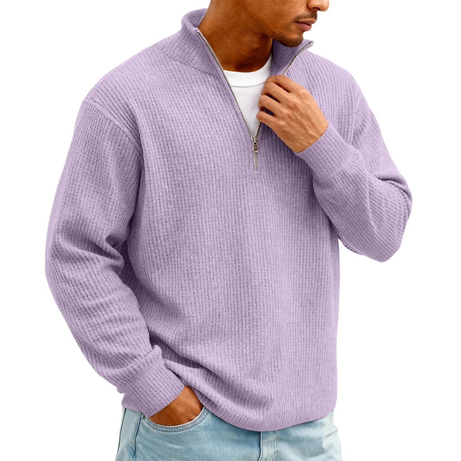 New Sweatshirts For Men Spring Waffle Long-sleeved T-shirt Men's Casual Loose Zipper Polo Collar Tees Tops Man Outwear