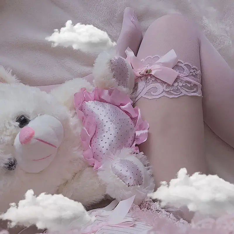 Big Pink Bowknot Lovely Thigh High Knee Sexy Stockings Girls Sweet Lace Over Knee Stockings Ladies Sexy Lingerie Stockings
