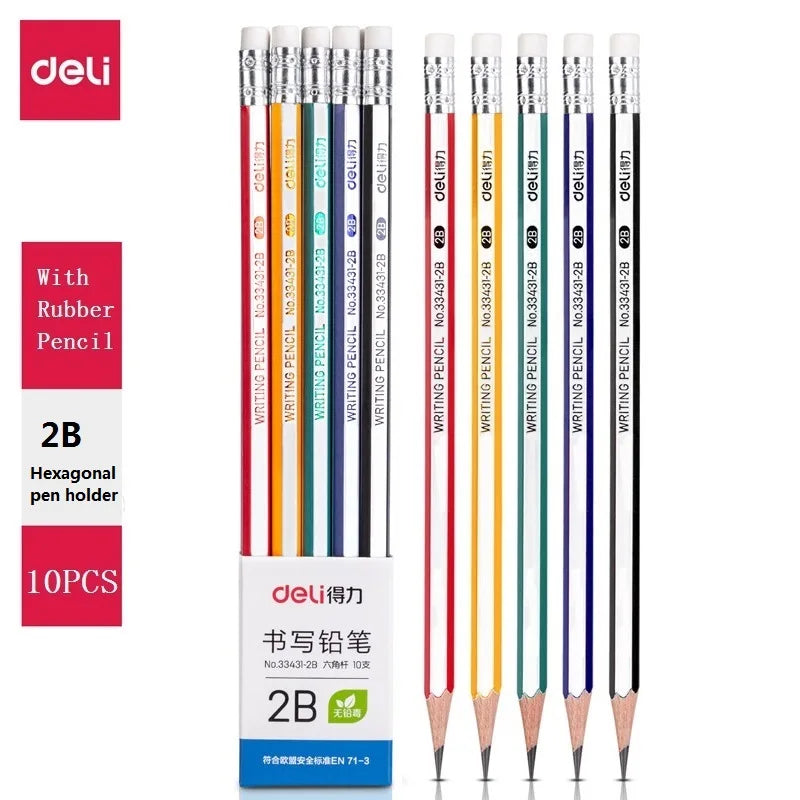 10pc/Set Deli HB 2B Wood Pencil Triangle/Hexagonal lapices With Eraser For Children Students Painting Writing School Office Home