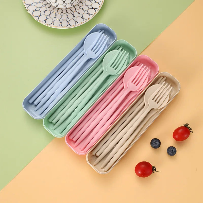 4-piece Portable Utensils, Healthy Eco-Friendly Wheat Straw Cutlery, Reusable Chopstick Fork Knife Spoon Set