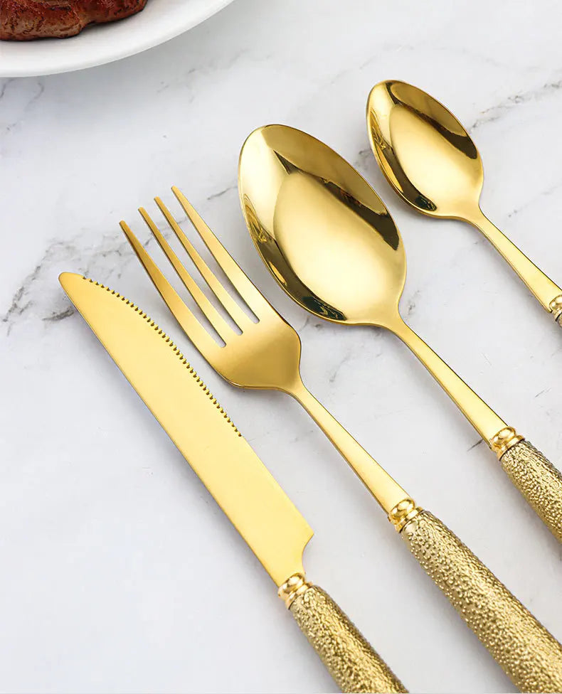 24 Pcs Stainless Steel Cutlery Hammer Pattern Ceramic Handle Knife Fork Spoon Set cutlery set travel cutlery set flatware set