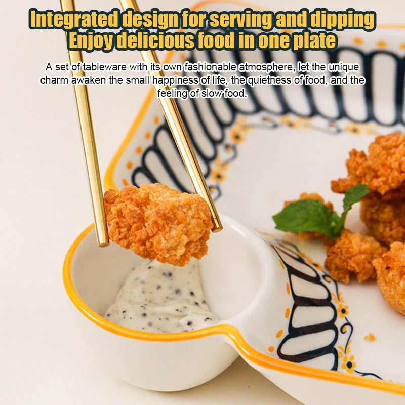 Dumpling Plate with Vinegar Dish Household Ceramic Plate Breakfast Compartment Plate High-Grade Dumpling