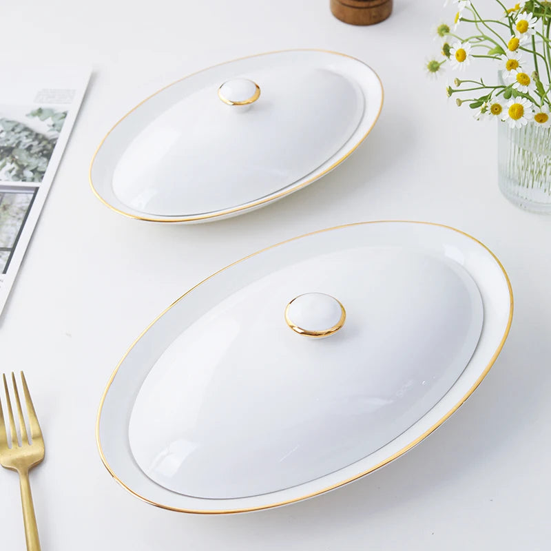 Steamed Fish Plate Oval Plate Abalone Juice Dish Sea Cucumber Plate Ceramic Dinnerware with Lid Hotel Restaurant dishes