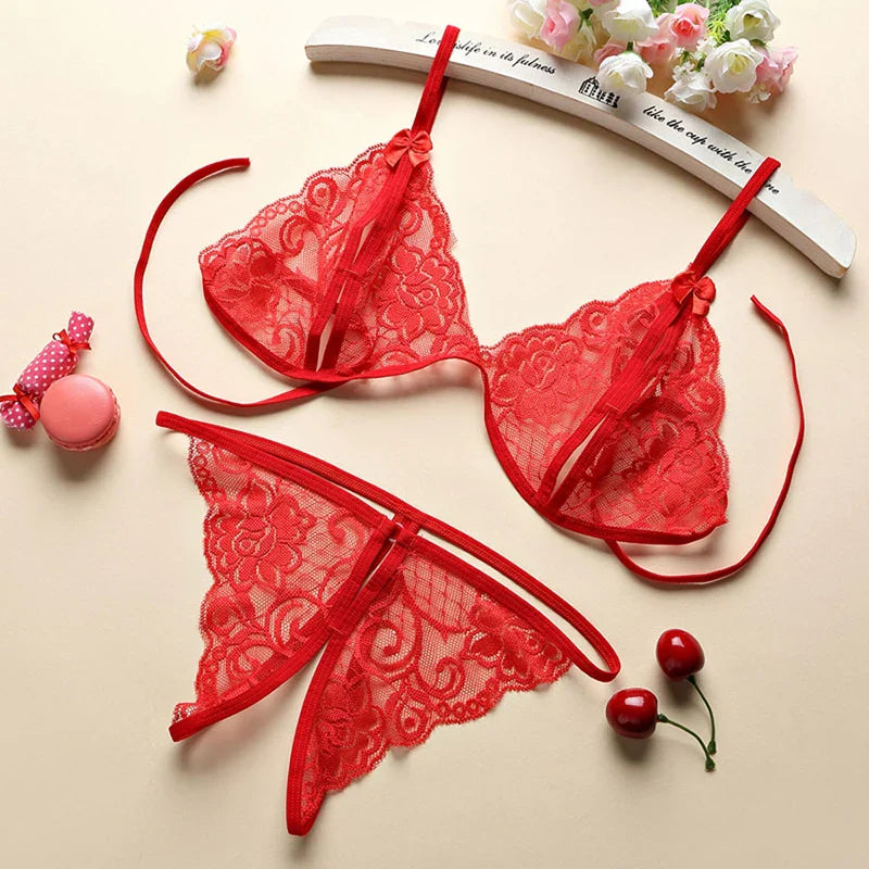 Erotic Open Crotch Lingerie Women Lace Transparent Pajamas Exotic Sexy Clothes Porn Open Bra Panties T-back Night Hot Bodysuit