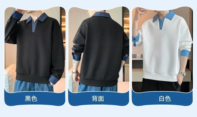 Men's Clothing Sweatshirts for Spring Autumn Two Pieces of Trendy Loose New Style Lapels Handsome Casual Long-sleeved Tops