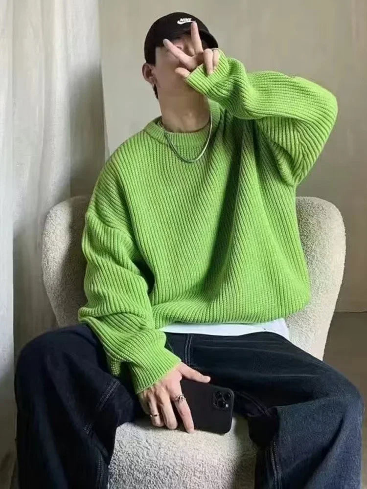2025 Autumn Crew Neck Solid Color Pullover Sweaters For Men Casual Y2K Knitted Sweater High Street Fashion Jumpers Hombre