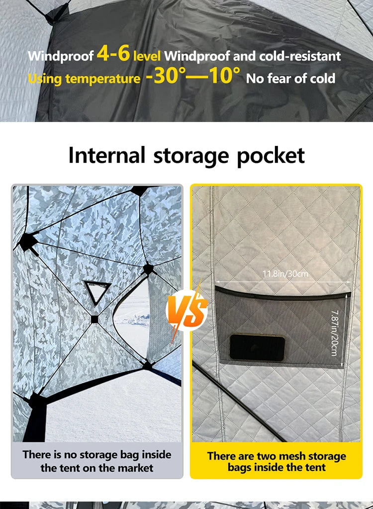4 Person Ice Fishing Tent, Windproof Insulated Cotton Shelter with Quick Setup, Portable Thickened Warm Winter Tent for Outdoor