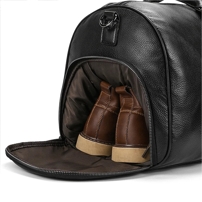 Big Capacity Genuine Leather Travel Bag For Men Women Soft Black Cowhide Casual Travel Duffel Large Luggage Weekend Shoulder Bag
