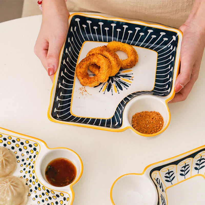 Dumpling Plate with Vinegar Dish Household Ceramic Plate Breakfast Compartment Plate High-Grade Dumpling