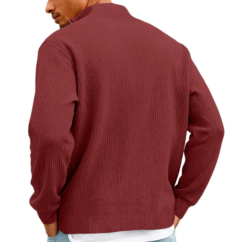 New Sweatshirts For Men Spring Waffle Long-sleeved T-shirt Men's Casual Loose Zipper Polo Collar Tees Tops Man Outwear