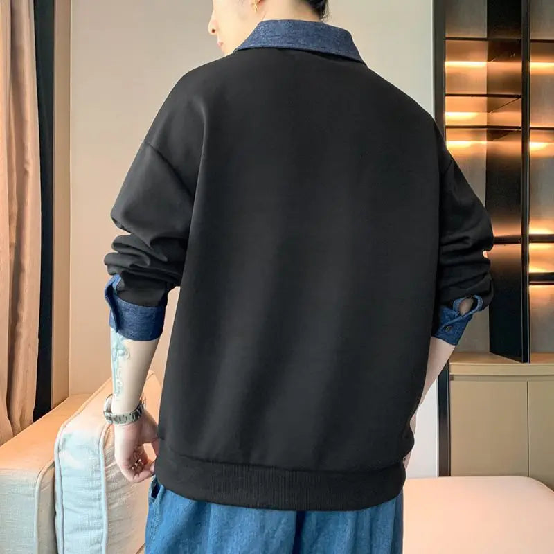 Men's Clothing Sweatshirts for Spring Autumn Two Pieces of Trendy Loose New Style Lapels Handsome Casual Long-sleeved Tops