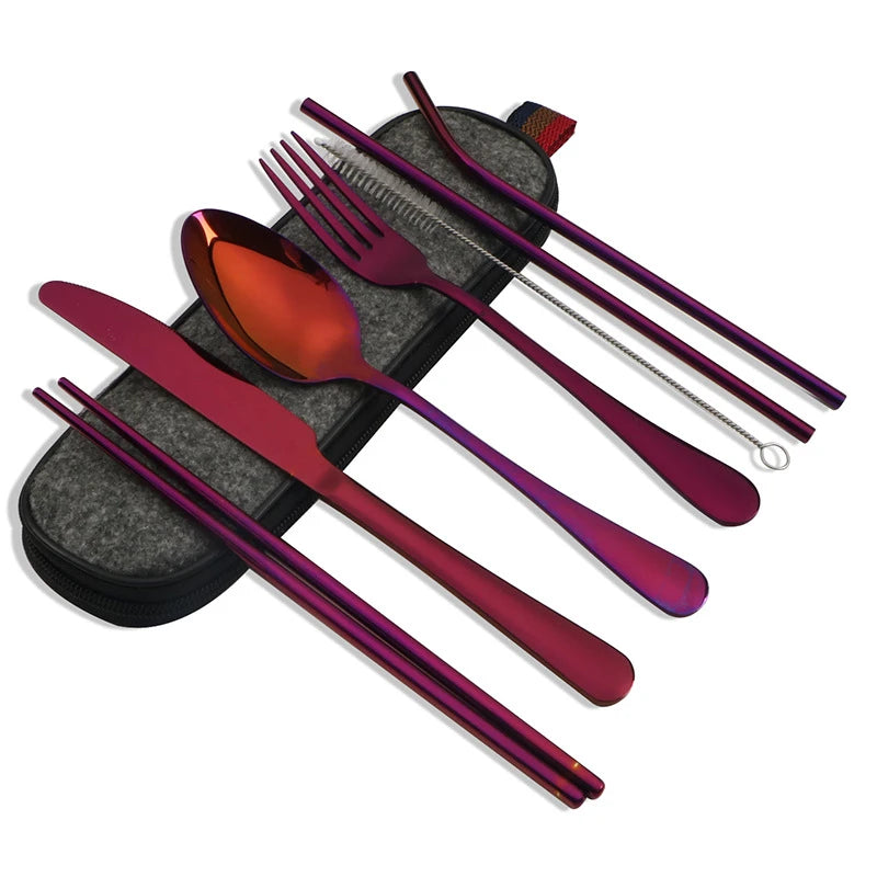 8Pcs/set Tableware Reusable Travel Cutlery Set Camp Utensils Set with stainless steel Spoon Fork Chopsticks Straw Portable case