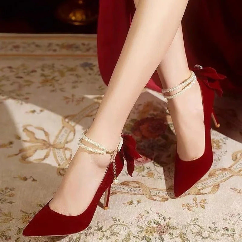 2024Elegant Women  Shoes  Pumps Sexy Stilettos Wedding Shoes Bride Red White Bowknot Footwear