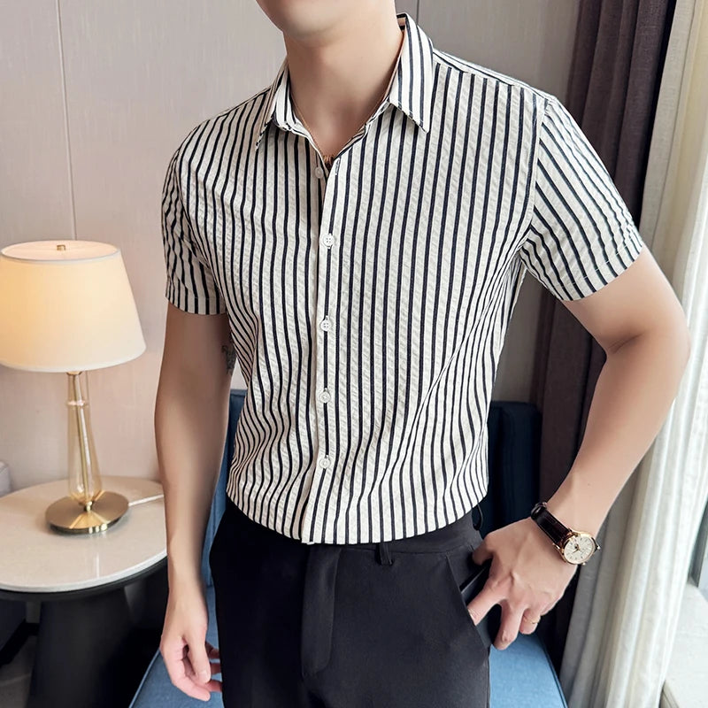 Men Striped Shirt 2026 Summer Light and Thin Breathable Sweat Absorbing Short Sleeved Slim Fit Casual Pleated Shirt Men Clothing