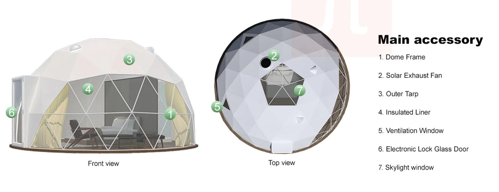 Spherical tent, geodesic tent, dome tent, galvanized steel pipe frame, PVC waterproof tarpaulin, wind-resistant, pressure-resist