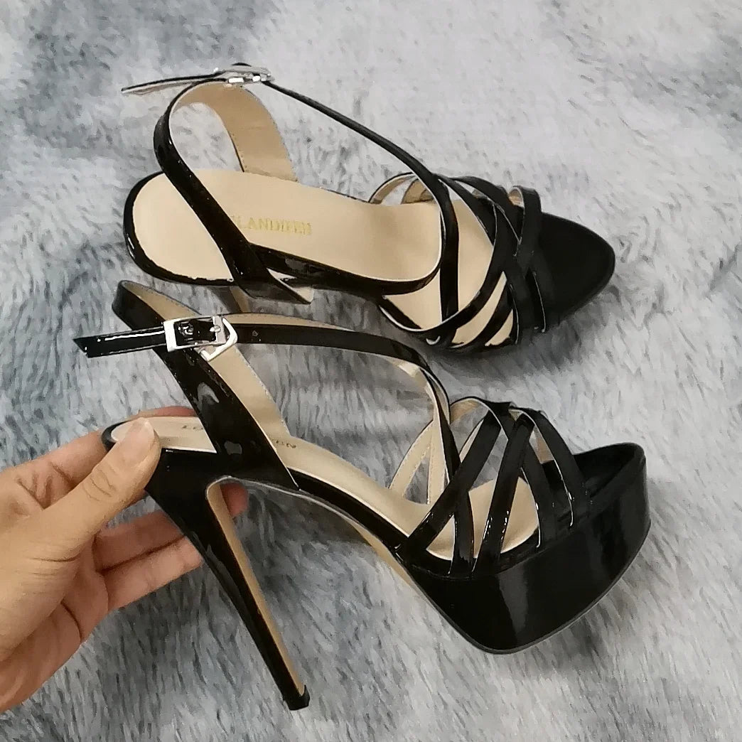 LOSLANDIFEN 2026 NEW 14CM Open Toe Platform High Heels Snake Pattern Sandals Sexy Ankle Strap Gladiator Party Dress Women Shoes
