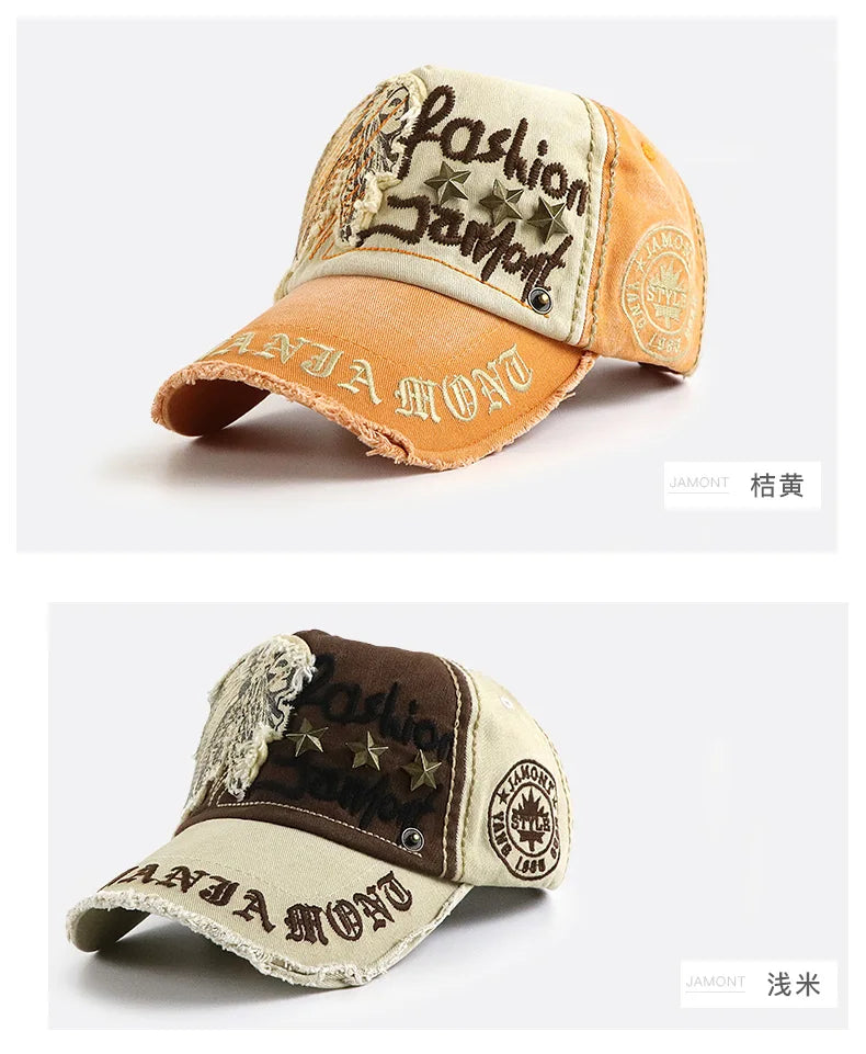 Vintage Washable Cowboy Baseball Cap Embroidery Snapback Hat for Men Women Worn Out Hip Hop Caps Adjustable Solid Cotton Sun Hat