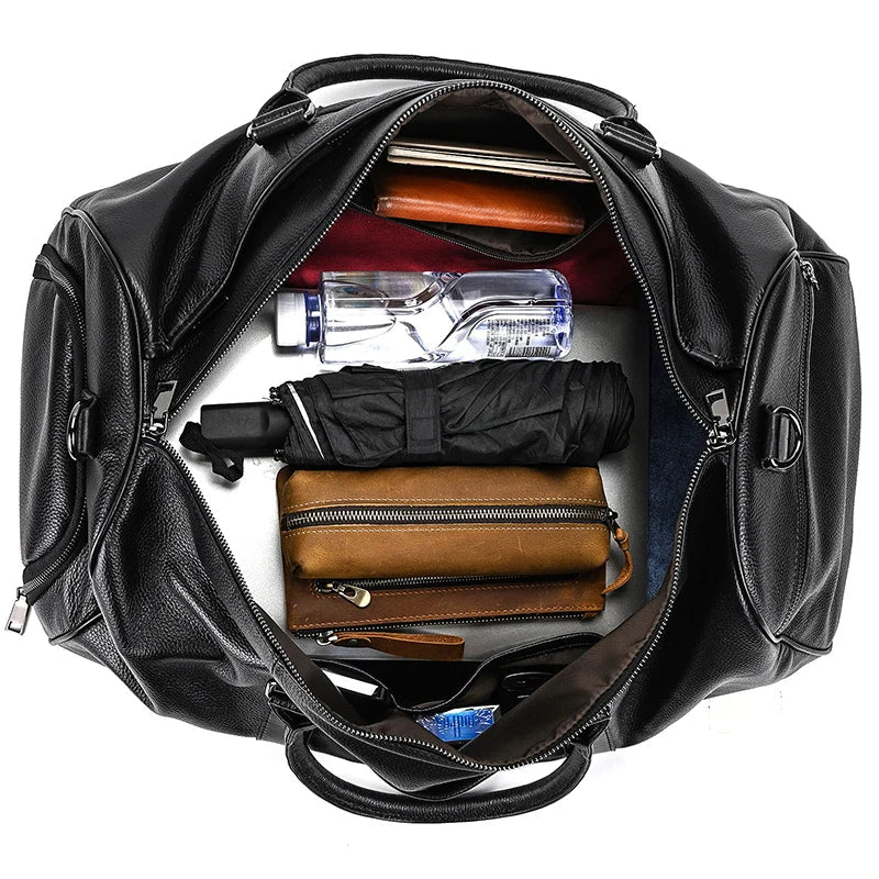 Big Capacity Genuine Leather Travel Bag For Men Women Soft Black Cowhide Casual Travel Duffel Large Luggage Weekend Shoulder Bag