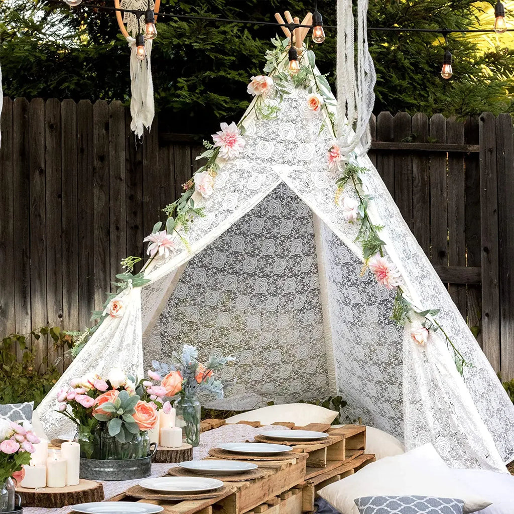 White Lace Teepee Tent for Kids Large Fairy Play House Indoor Wigwam Children Castle Wedding Party Photography Props Boho Decor