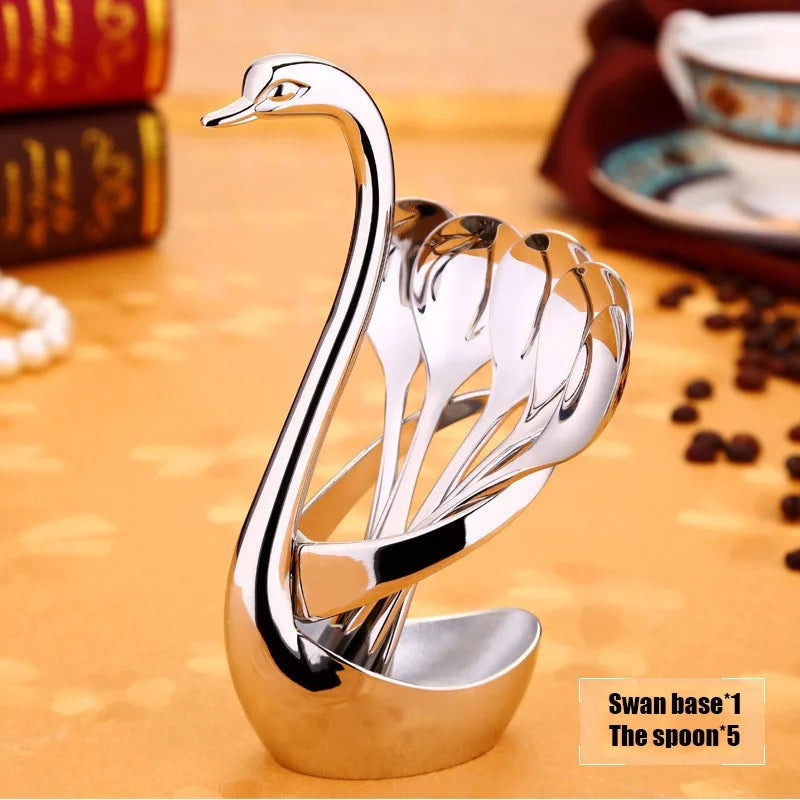 Portable fork and spoon cutlery set 304 stainless steel cutlery with swan rack table fork and spoon storage rack cutlery set