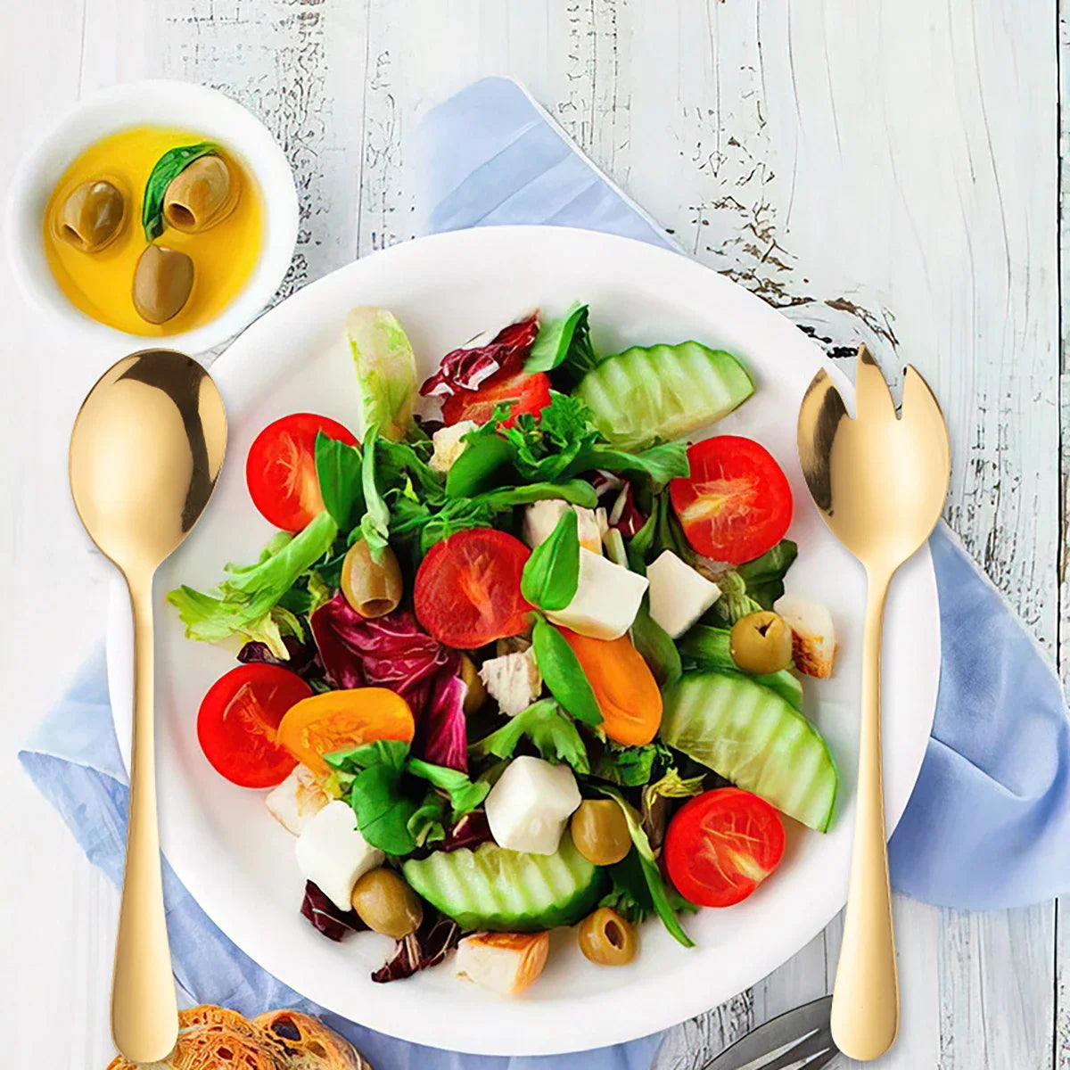 2Pcs Gold Salad Spoon Fork Stainless Steel Salad Server European Style Salad Cutlery Set Kitchen Tool Accessories