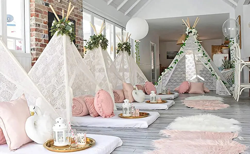 White Lace Teepee Tent for Kids Large Fairy Play House Indoor Wigwam Children Castle Wedding Party Photography Props Boho Decor
