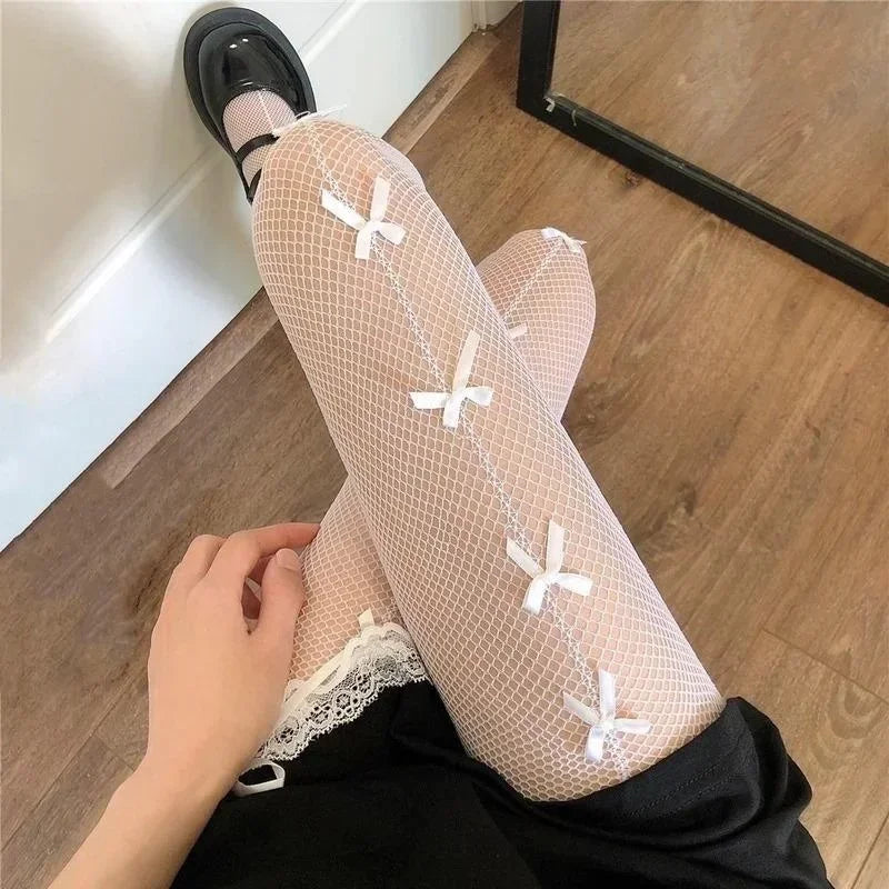 Women Stockings Pantyhose Hollow Out Transparent Slim Fishnet Pantyhose with Bow-knot
