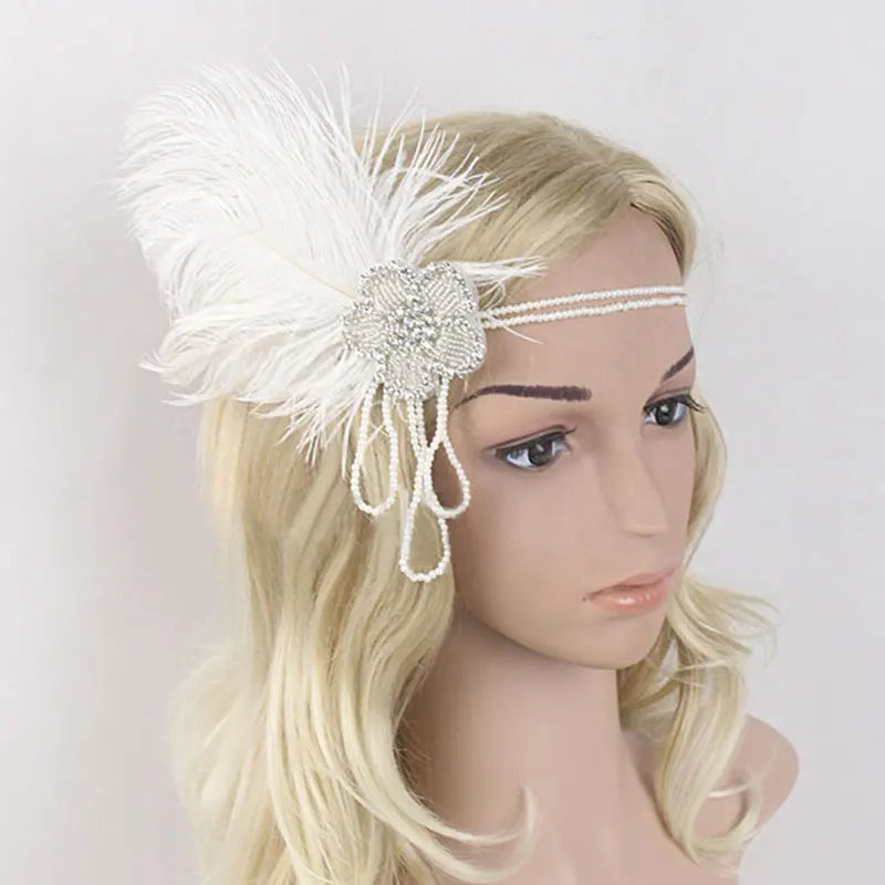 Hair Accessories For Women Girls Black Headband Rhinestone Sequin Vintage Party Headpiece Beaded Flapper Hair Feather Headband